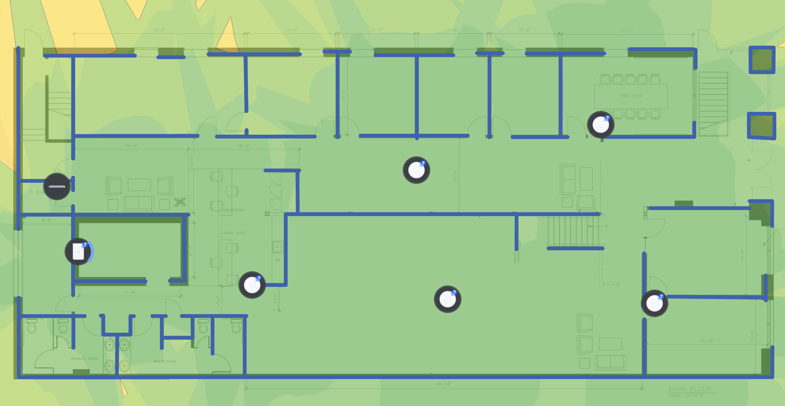 Office floor plan with a wireless coverage map indicating Wi-Fi signal strength across various rooms, including conference rooms, IT room, break area, and restrooms, highlighted by strategically placed wireless access points.